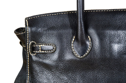 Vintage "Birkin" style black leather oversized bag / Made in Japan