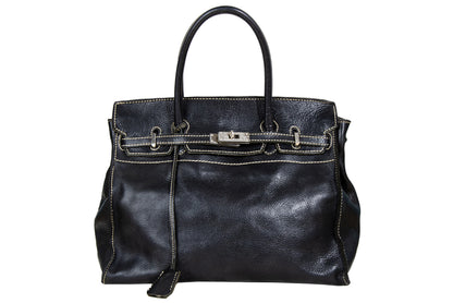 Vintage "Birkin" style black leather oversized bag / Made in Japan
