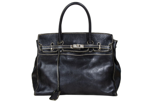 Vintage "Birkin" style black leather oversized bag / Made in Japan