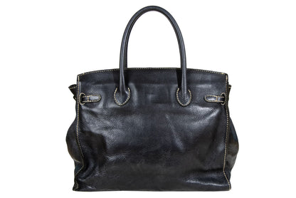 Vintage "Birkin" style black leather oversized bag / Made in Japan
