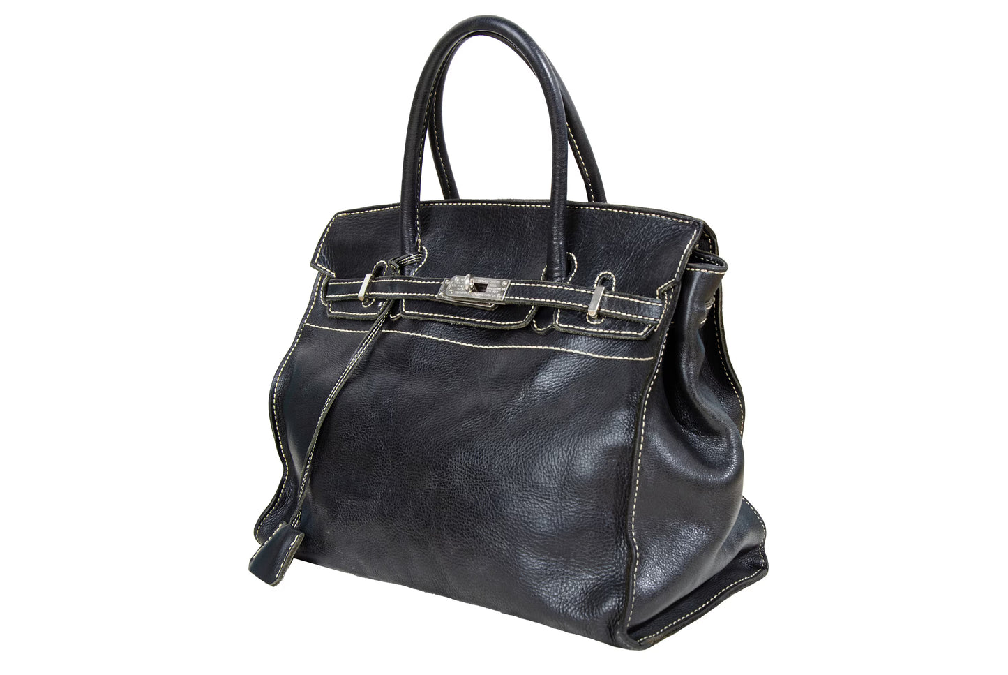 Vintage "Birkin" style black leather oversized bag / Made in Japan