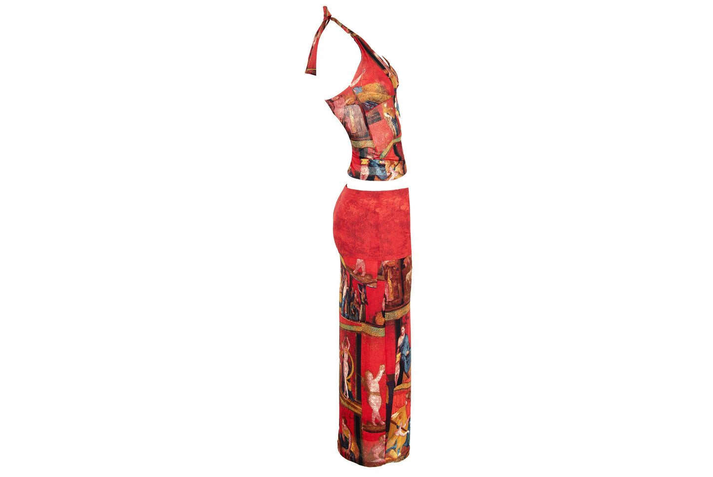 90s printed red mesh two piece set / Halter neck top and skirt set / Ancient Rome, antique print / Made in Spain