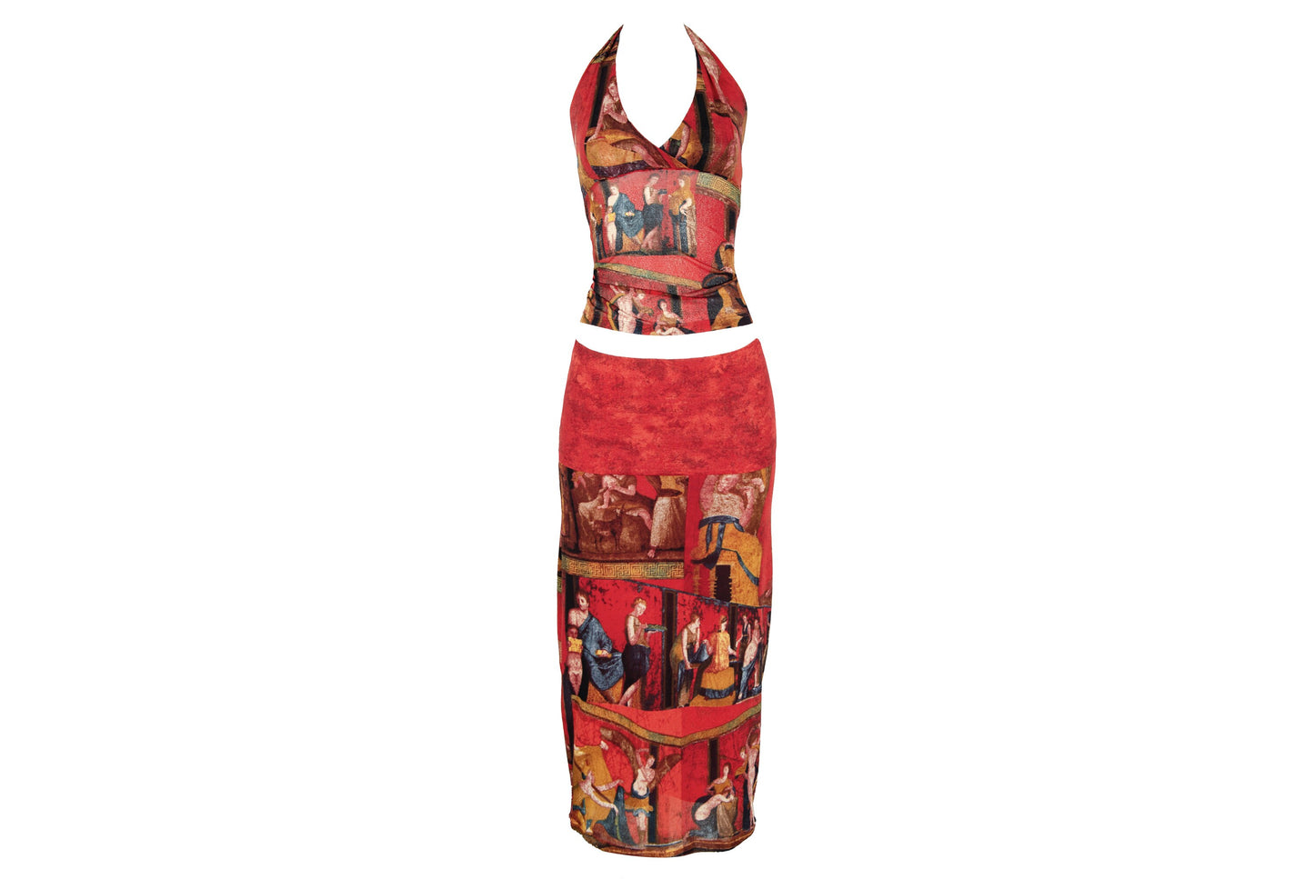 90s printed red mesh two piece set / Halter neck top and skirt set / Ancient Rome, antique print / Made in Spain