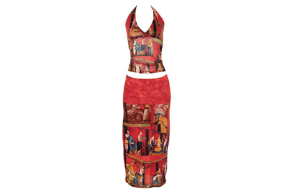 90s printed red mesh two piece set / Halter neck top and skirt set / Ancient Rome, antique print / Made in Spain