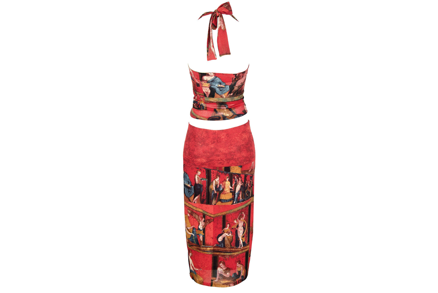 90s printed red mesh two piece set / Halter neck top and skirt set / Ancient Rome, antique print / Made in Spain