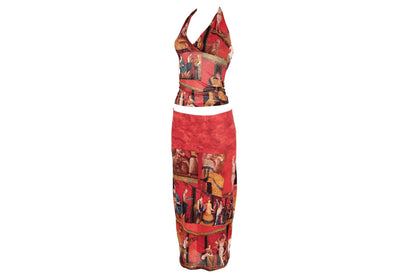 90s printed red mesh two piece set / Halter neck top and skirt set / Ancient Rome, antique print / Made in Spain