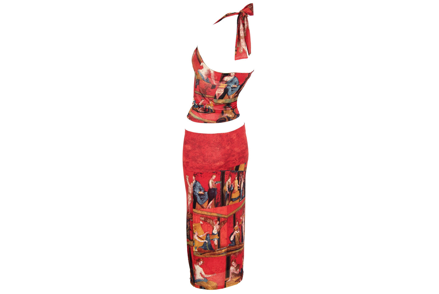 90s printed red mesh two piece set / Halter neck top and skirt set / Ancient Rome, antique print / Made in Spain