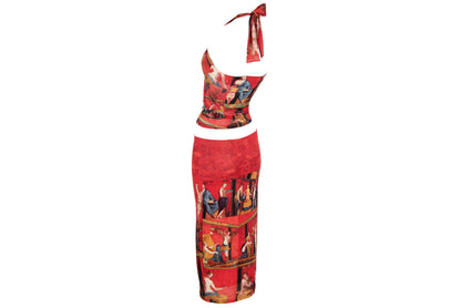 90s printed red mesh two piece set / Halter neck top and skirt set / Ancient Rome, antique print / Made in Spain