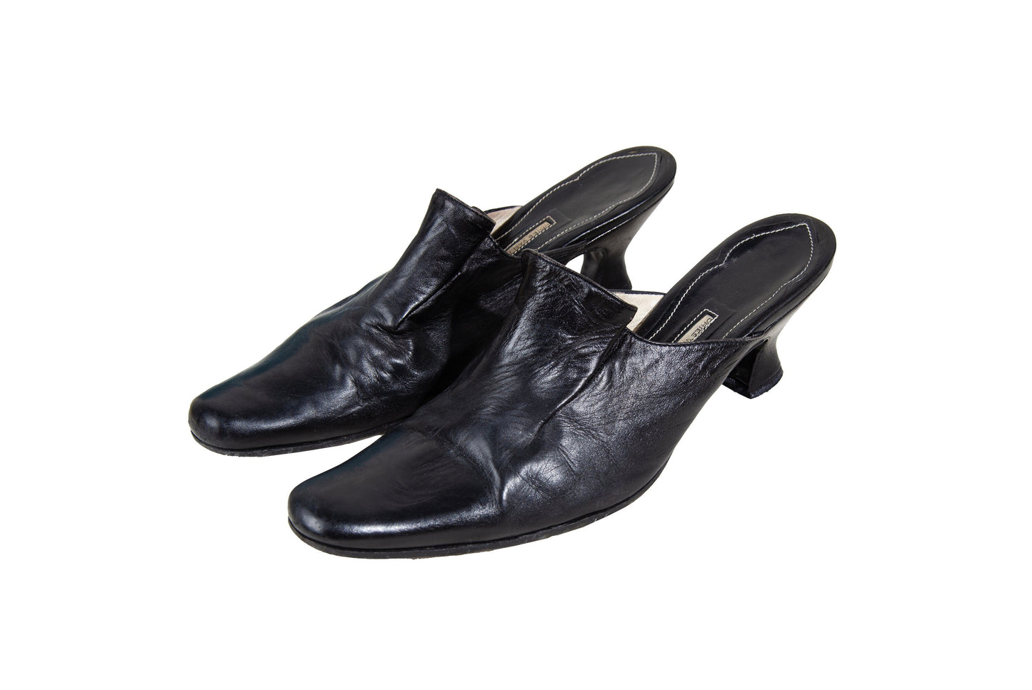 90s Dries Van Noten black leather Louis XV kitten heels mules / EU 40