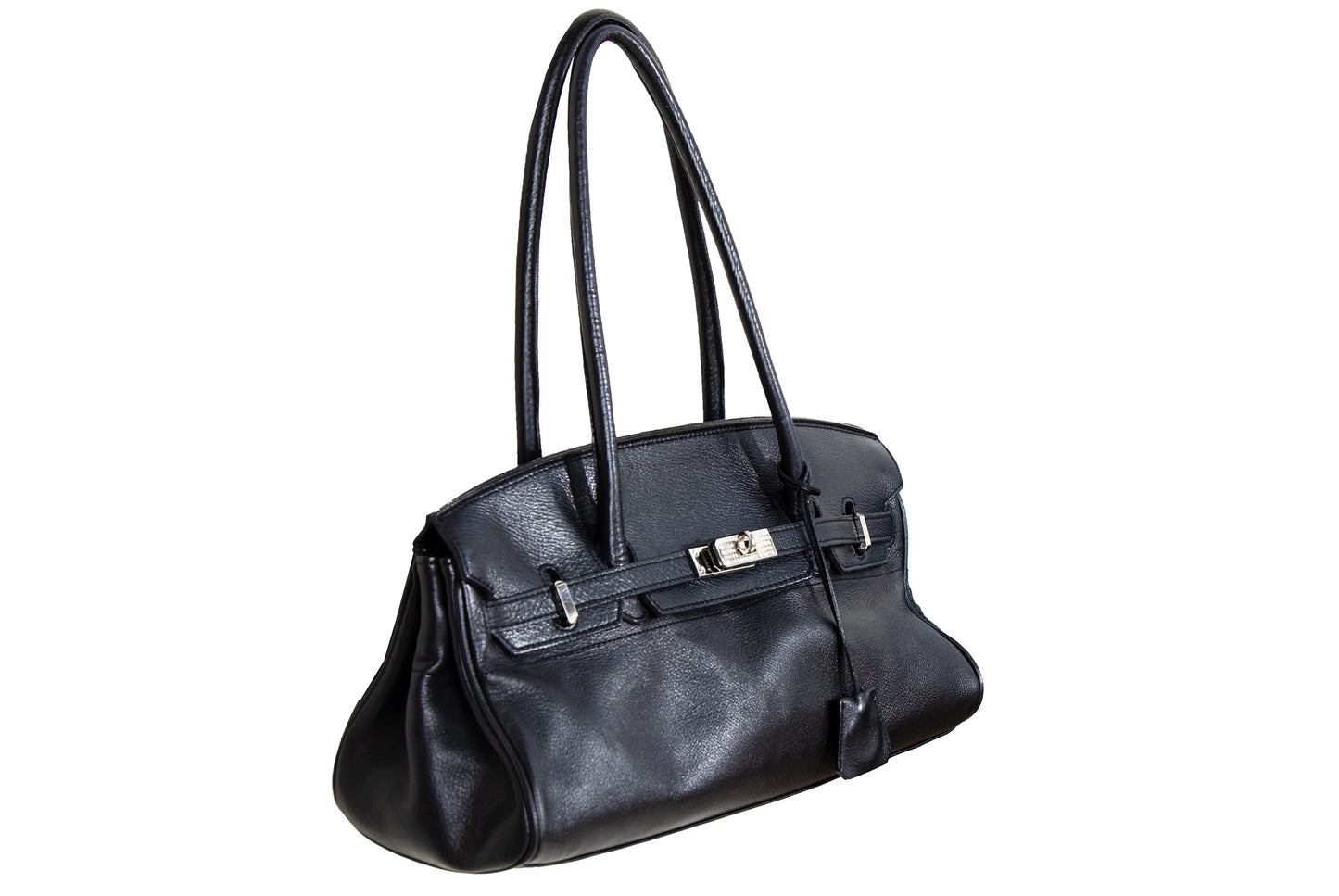 Vintage Japanese brand black leather turnlock east west "Firkin" bag / Black pebbled leather baguette bag / Made in Japan