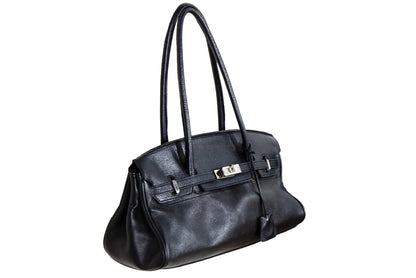 Vintage Japanese brand black leather turnlock east west "Firkin" bag / Black pebbled leather baguette bag / Made in Japan