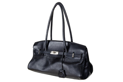 Vintage Japanese brand black leather turnlock east west "Firkin" bag / Black pebbled leather baguette bag / Made in Japan