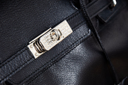 Vintage Japanese brand black leather turnlock east west "Firkin" bag / Black pebbled leather baguette bag / Made in Japan