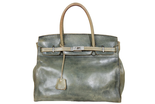 Vintage Japanese brand faded khaki green leather turnlock oversized "Firkin" bag / Made in Japan