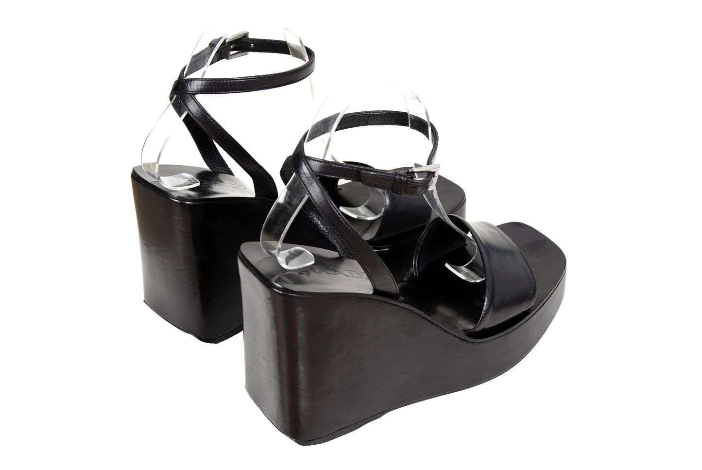 1999 Prada black leather platform sandals / Made in Italy