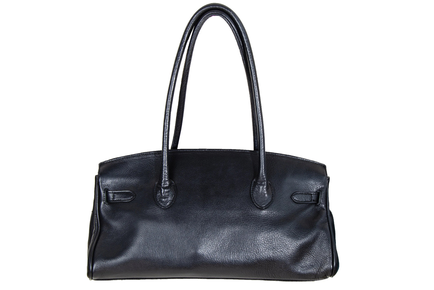 Vintage Japanese brand black leather turnlock east west "Firkin" bag / Black pebbled leather baguette bag / Made in Japan