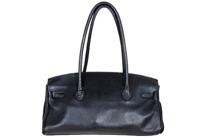 Vintage Japanese brand black leather turnlock east west "Firkin" bag / Black pebbled leather baguette bag / Made in Japan