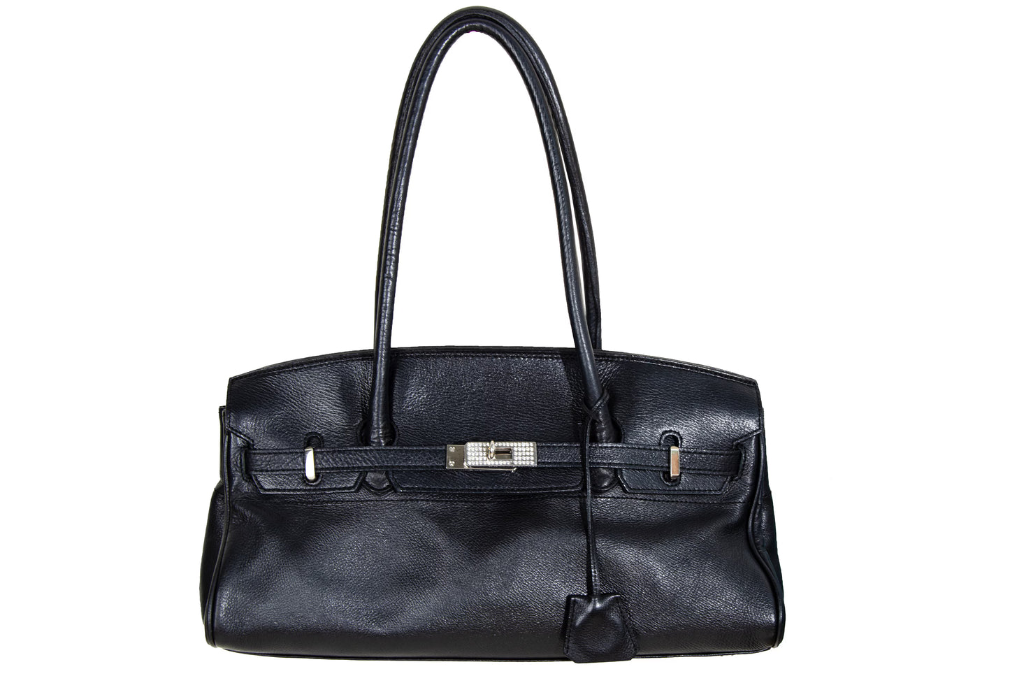 Vintage Japanese brand black leather turnlock east west "Firkin" bag / Black pebbled leather baguette bag / Made in Japan