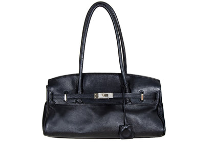 Vintage Japanese brand black leather turnlock east west "Firkin" bag / Black pebbled leather baguette bag / Made in Japan
