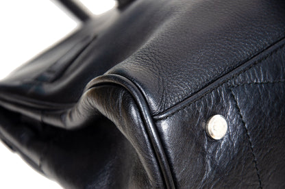 Vintage Japanese brand black leather turnlock east west "Firkin" bag / Black pebbled leather baguette bag / Made in Japan