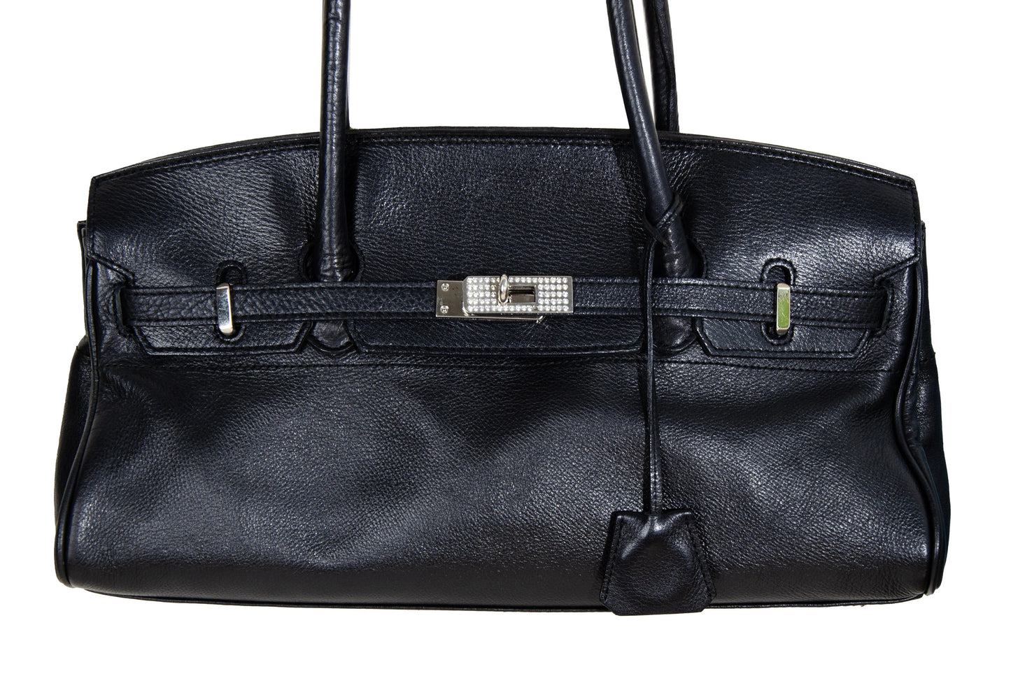 Vintage Japanese brand black leather turnlock east west "Firkin" bag / Black pebbled leather baguette bag / Made in Japan