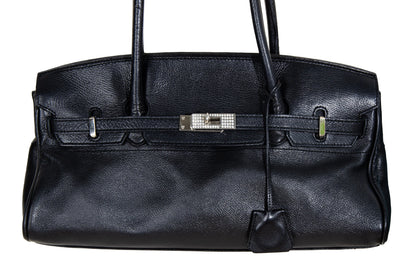 Vintage Japanese brand black leather turnlock east west "Firkin" bag / Black pebbled leather baguette bag / Made in Japan