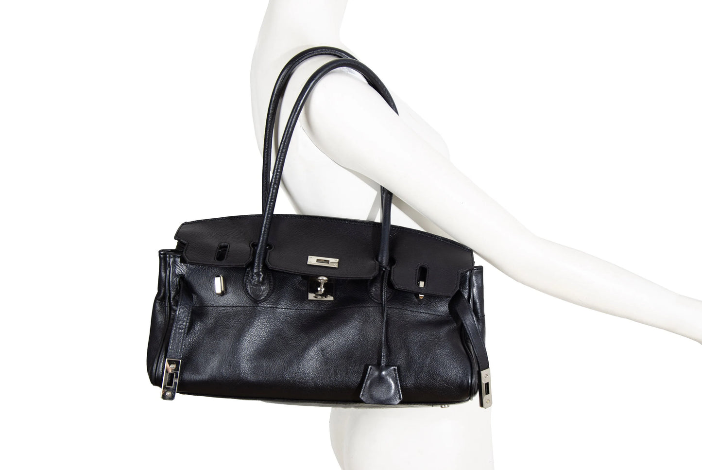 Vintage Japanese brand black leather turnlock east west "Firkin" bag / Black pebbled leather baguette bag / Made in Japan