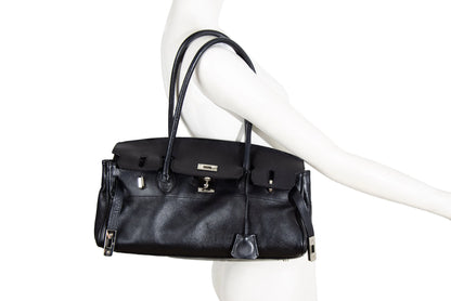 Vintage Japanese brand black leather turnlock east west "Firkin" bag / Black pebbled leather baguette bag / Made in Japan