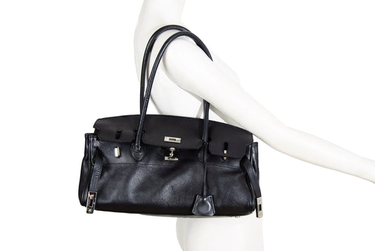 Vintage Japanese brand black leather turnlock east west "Firkin" bag / Black pebbled leather baguette bag / Made in Japan