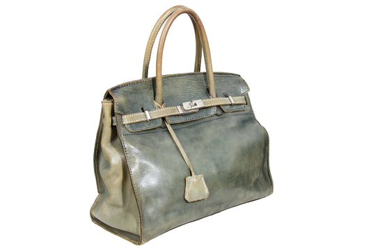 Vintage Japanese brand faded khaki green leather turnlock oversized "Firkin" bag / Made in Japan