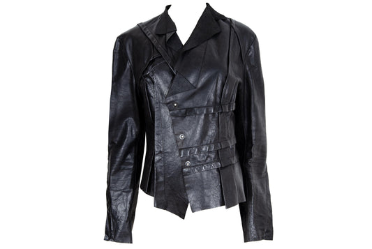 Vintage French brand deconstructed avant garde black leather jacket / Early 2000s asymmetrical patchwork jacket / Made in France