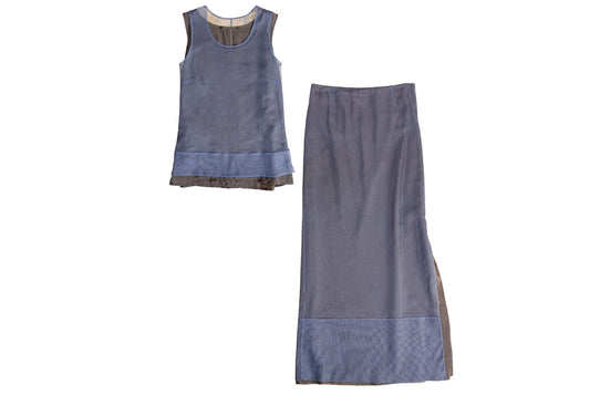 90s Marcel Marongiu two piece set / Satin and mesh overlay sleeveless top and maxi skirt set / Made in France