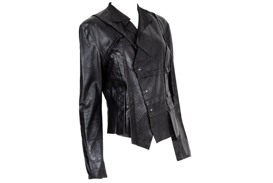 Vintage French brand deconstructed avant garde black leather jacket / Early 2000s asymmetrical patchwork jacket / Made in France