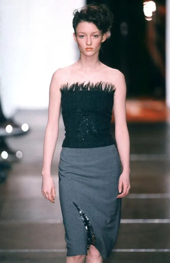 F/W 1998 Jean Colonna wool tweed and feather trim bustier / Made in Italy