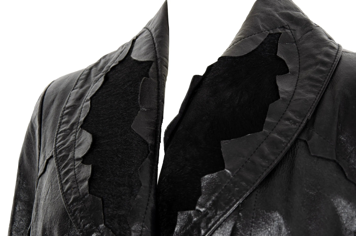 90s black leather and pony hair details corset tie front closure coat / Made in Italy