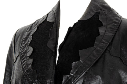 90s black leather and pony hair details corset tie front closure coat / Made in Italy