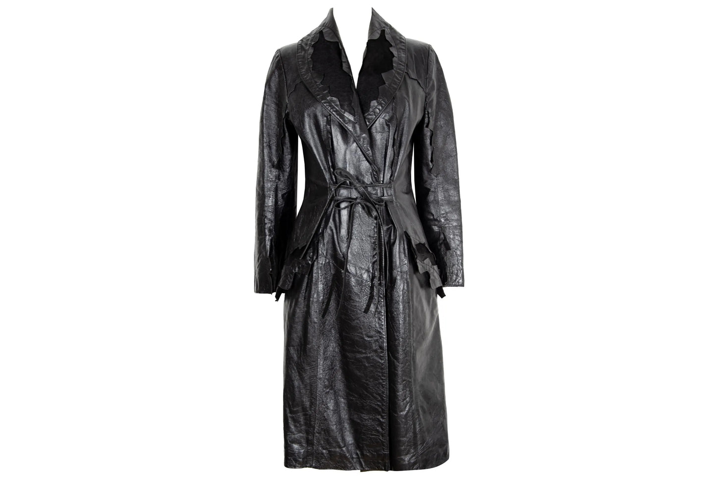90s black leather and pony hair details corset tie front closure coat / Made in Italy