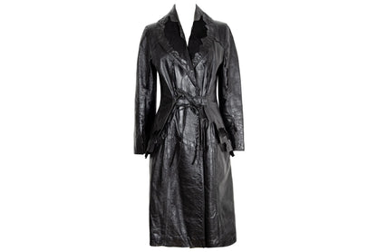 90s black leather and pony hair details corset tie front closure coat / Made in Italy