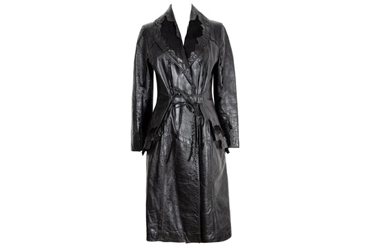 90s black leather and pony hair details corset tie front closure coat / Made in Italy