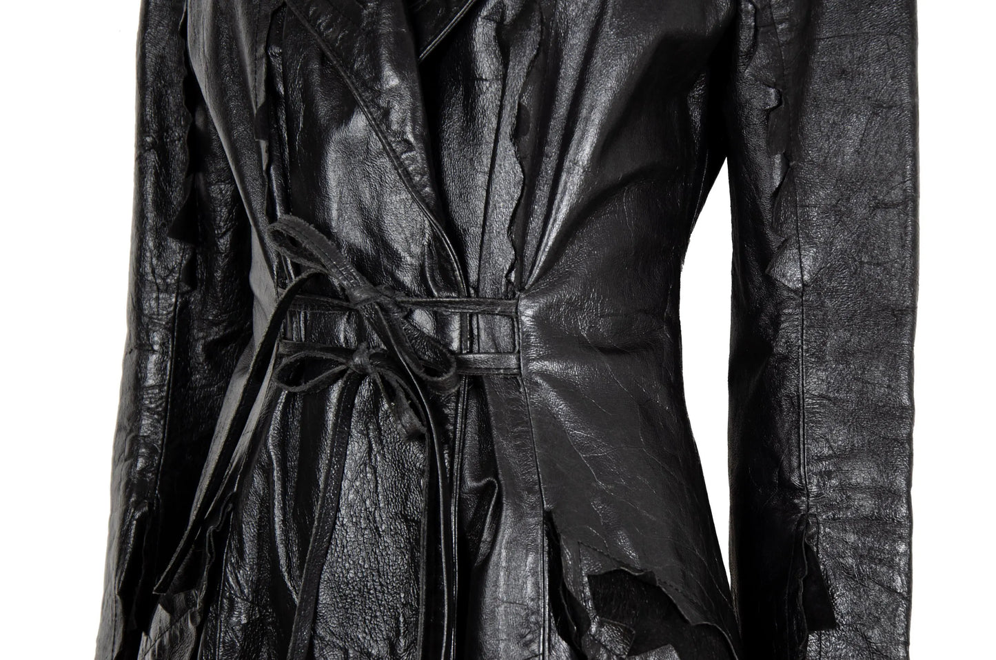 90s black leather and pony hair details corset tie front closure coat / Made in Italy
