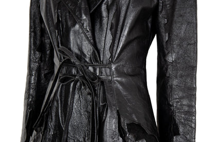90s black leather and pony hair details corset tie front closure coat / Made in Italy