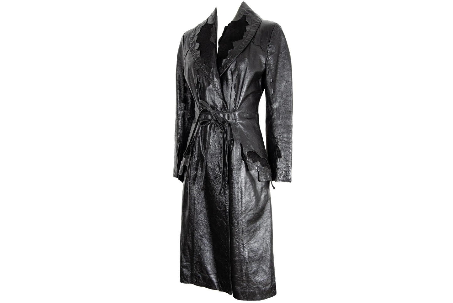 90s black leather and pony hair details corset tie front closure coat / Made in Italy