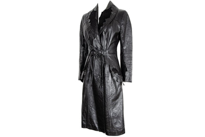 90s black leather and pony hair details corset tie front closure coat / Made in Italy