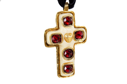 Vintage 90s oversized gold tone metal cross pendant with red stones / Baroque abstract cross with golden heart detail black velvet choker