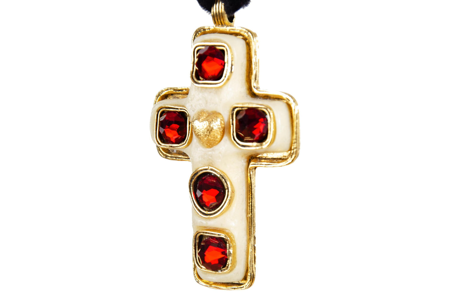 Vintage 90s oversized gold tone metal cross pendant with red stones / Baroque abstract cross with golden heart detail black velvet choker