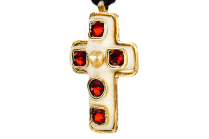 Vintage 90s oversized gold tone metal cross pendant with red stones / Baroque abstract cross with golden heart detail black velvet choker