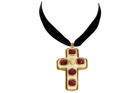 Vintage 90s oversized gold tone metal cross pendant with red stones / Baroque abstract cross with golden heart detail black velvet choker