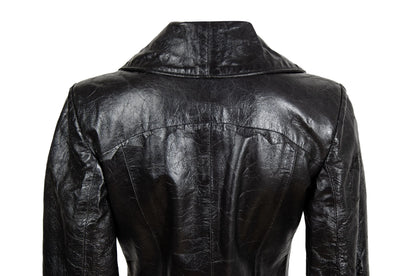 90s black leather and pony hair details corset tie front closure coat / Made in Italy