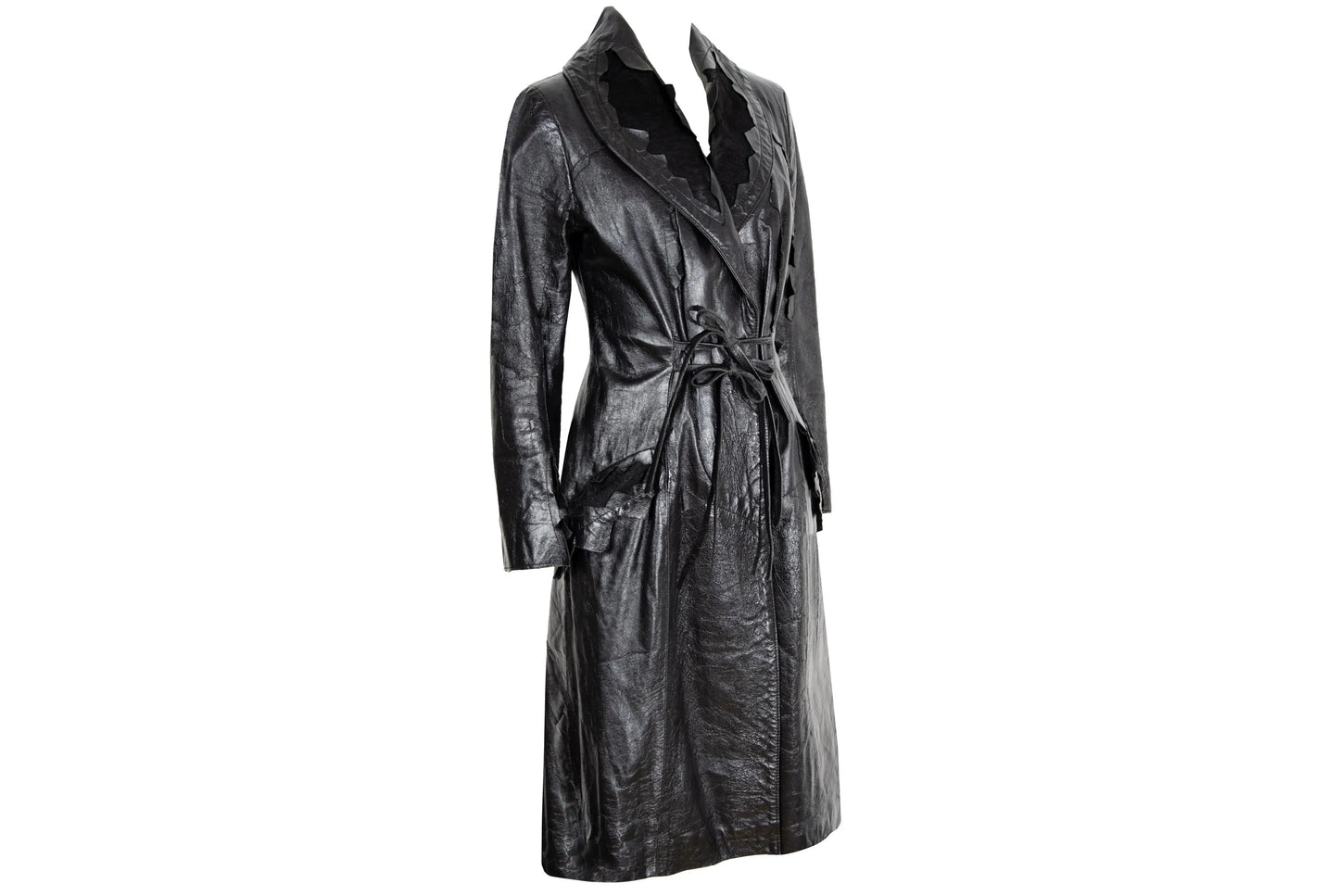 90s black leather and pony hair details corset tie front closure coat / Made in Italy