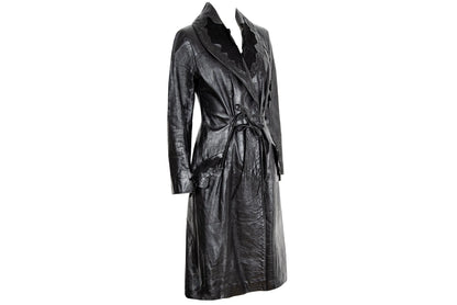 90s black leather and pony hair details corset tie front closure coat / Made in Italy